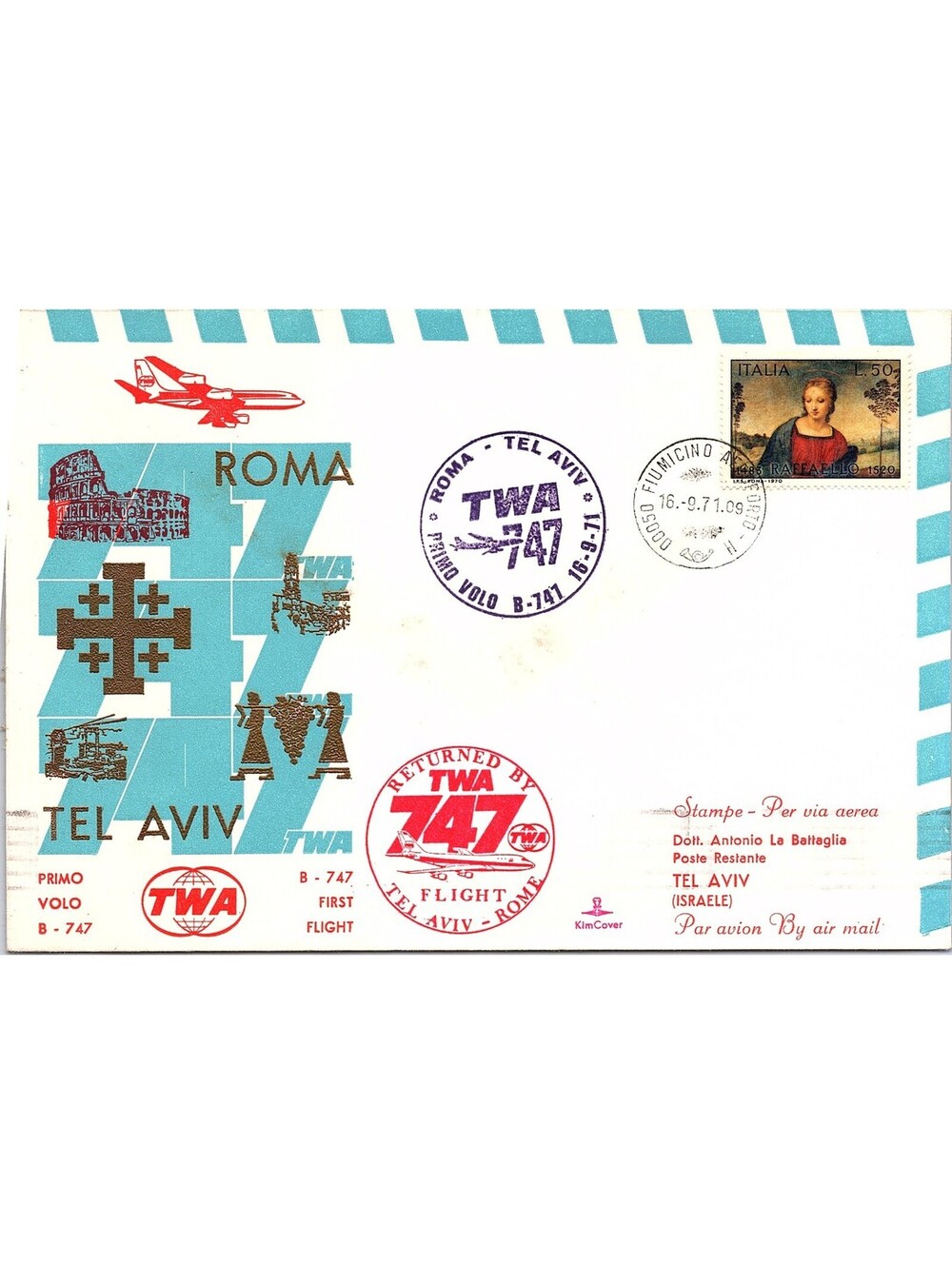 Israel Cover 1st TWA 747 Service Flight Tel-Aviv-Rome, Italy 1971. x46170